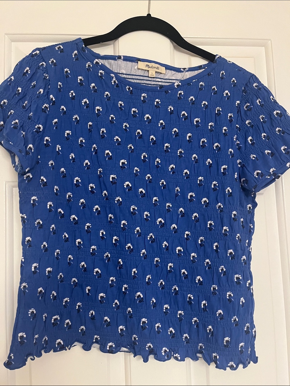 Madewell Cobalt Blue Short Sleeve Floral Dot Smocked Top